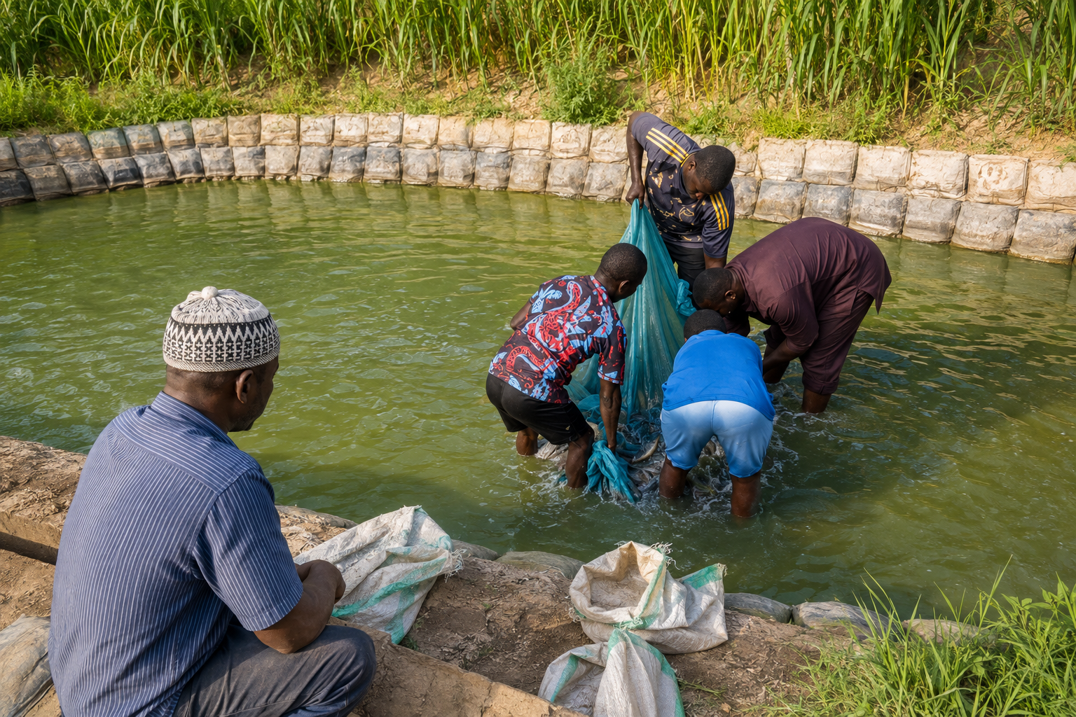CorePlus aquaculture team working at a fish pond